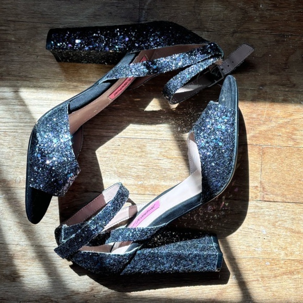 Betsey Johnson blue/purple super sparkly black high heels with ankle straps